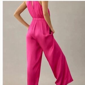 Anthropologie satin Jumpsuit Sz L Halter Neck wide leg romantic Chic comfy